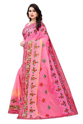 Pink embroidered chiffon saree with blouse 2