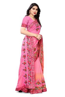 Pink embroidered chiffon saree with blouse 3