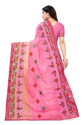 Pink embroidered chiffon saree with blouse 4
