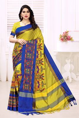 Yellow embroidered cotton silk saree with blouse 1