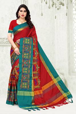 Red embroidered cotton silk saree with blouse 1