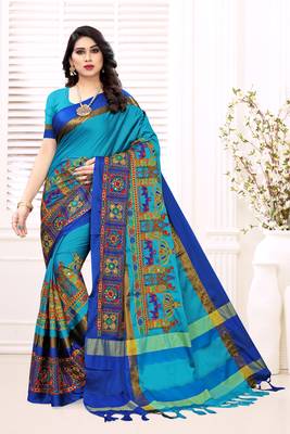 Light blue embroidered cotton silk saree with blouse 1