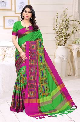 Green embroidered cotton silk saree with blouse 1