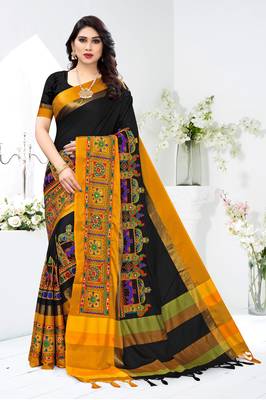 Black embroidered cotton silk saree with blouse 1