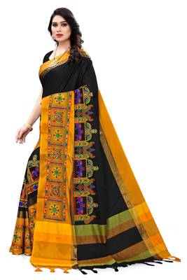 Black embroidered cotton silk saree with blouse 2