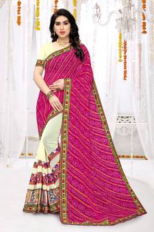 Red printed art silk saree with blouse