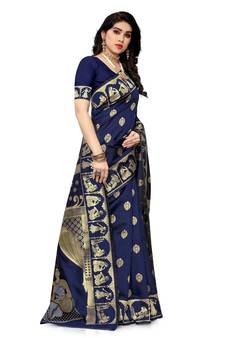 Blue printed art silk saree with blouse