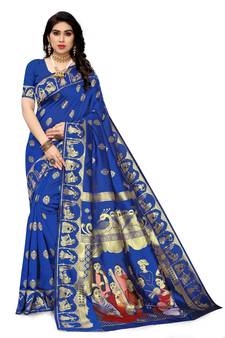 Light blue printed art silk saree with blouse