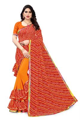 Red printed georgette saree with blouse 3