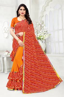 Red printed georgette saree with blouse 1