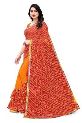 Red printed georgette saree with blouse 4