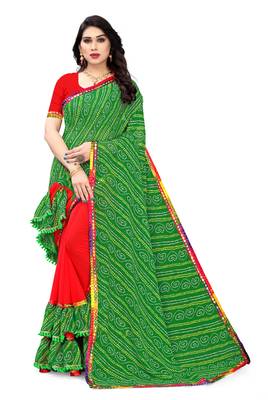 Green printed georgette saree with blouse 3