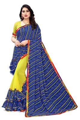 Blue printed georgette saree with blouse 3