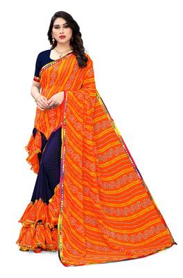 Orange printed georgette saree with blouse 4
