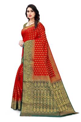 Red printed art silk saree with blouse 3