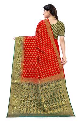 Red printed art silk saree with blouse 5