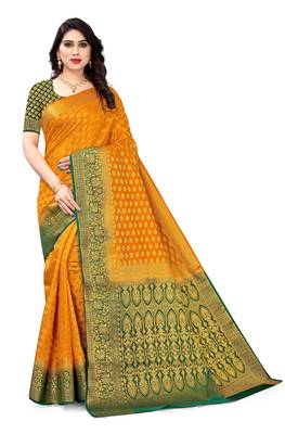 Orange printed art silk saree with blouse 1