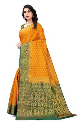 Orange printed art silk saree with blouse 3