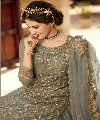 Olive Green Embroidered Net Lehnga Suit 2