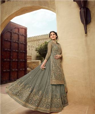 Olive Green Embroidered Net Lehnga Suit 3