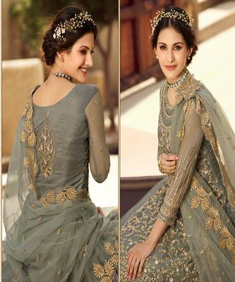 Olive Green Embroidered Net Lehnga Suit 4