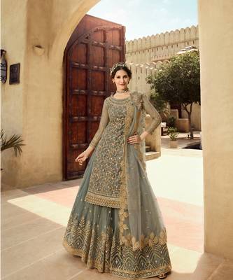 Olive Green Embroidered Net Lehnga Suit 1