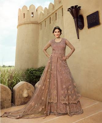 Blush Pink Net Lehnga Style Anarkali Suit 1