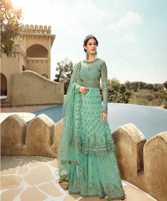Aqua Blue Embroidered Net Anarkali Suit 1