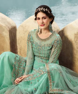 Aqua Blue Embroidered Net Anarkali Suit 2