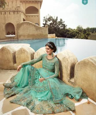 Aqua Blue Embroidered Net Anarkali Suit 3
