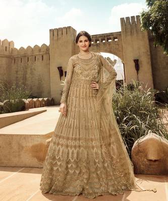 Beige Golden Embroidered Anarkali Suit  1