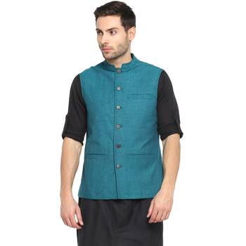 Blue plain cotton nehru-jacket 1