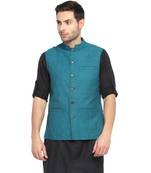 Blue plain cotton nehru-jacket