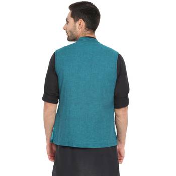Blue plain cotton nehru-jacket 2