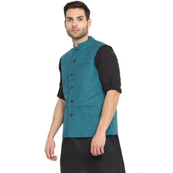 Blue plain cotton nehru-jacket 3