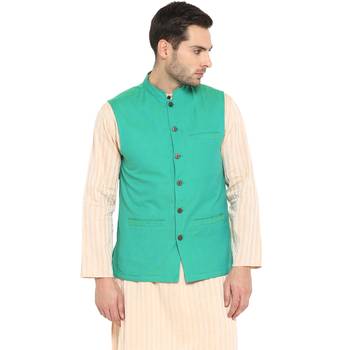 Blue plain cotton nehru-jacket 1