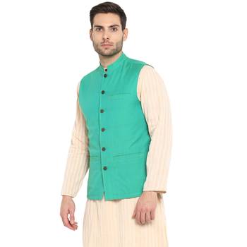 Blue plain cotton nehru-jacket 3