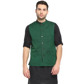 Green plain cotton nehru-jacket 1