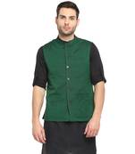 Green plain cotton nehru-jacket