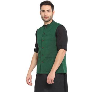 Green plain cotton nehru-jacket 3