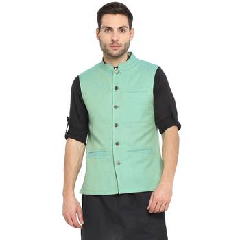 Blue plain cotton nehru-jacket 1