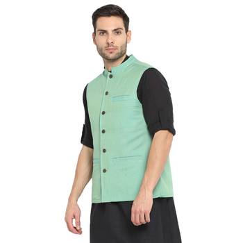 Blue plain cotton nehru-jacket 3