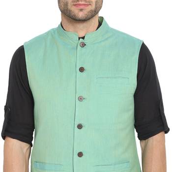 Blue plain cotton nehru-jacket 4