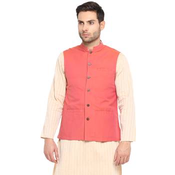 Pink plain cotton nehru-jacket 1