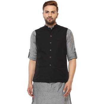 Black plain cotton nehru-jacket 1