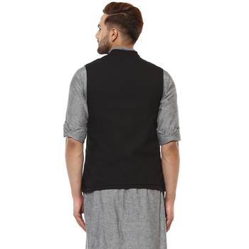 Black plain cotton nehru-jacket 2