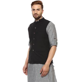 Black plain cotton nehru-jacket 3
