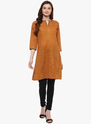 Mustard printed cotton long-kurtis 1