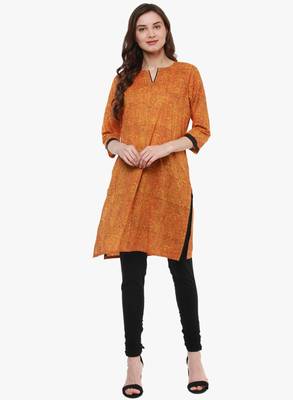 Mustard printed cotton long-kurtis 1