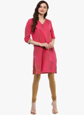 Pink printed cotton long-kurtis 1